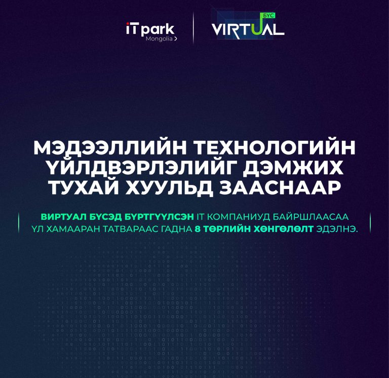 ВИРТУАЛ БҮСЭД БҮРТГҮҮЛСЭН IT КОМПАНИУД БАЙРШЛААСАА ҮЛ ХАМААРАН ТАТВАРААС ГАДНА 8 ТӨРЛИЙН ХӨНГӨЛӨЛТ ЭДЭЛНЭ